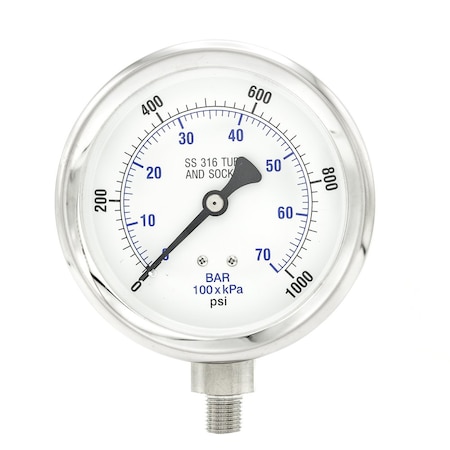 4 In Dial, 0/1000 PSI & Bar, 1/4 In NPT, Lower Mount Dry/Fillable Pressure Gauge W